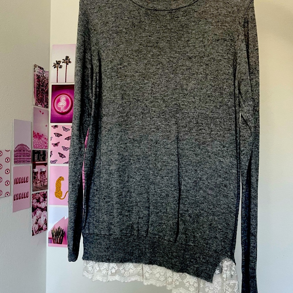 Gray Cardigan with White Lace Trim